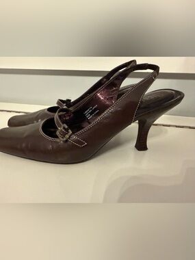 Nickels Dark Brown Leather Slingback Heels with Buckle Accent